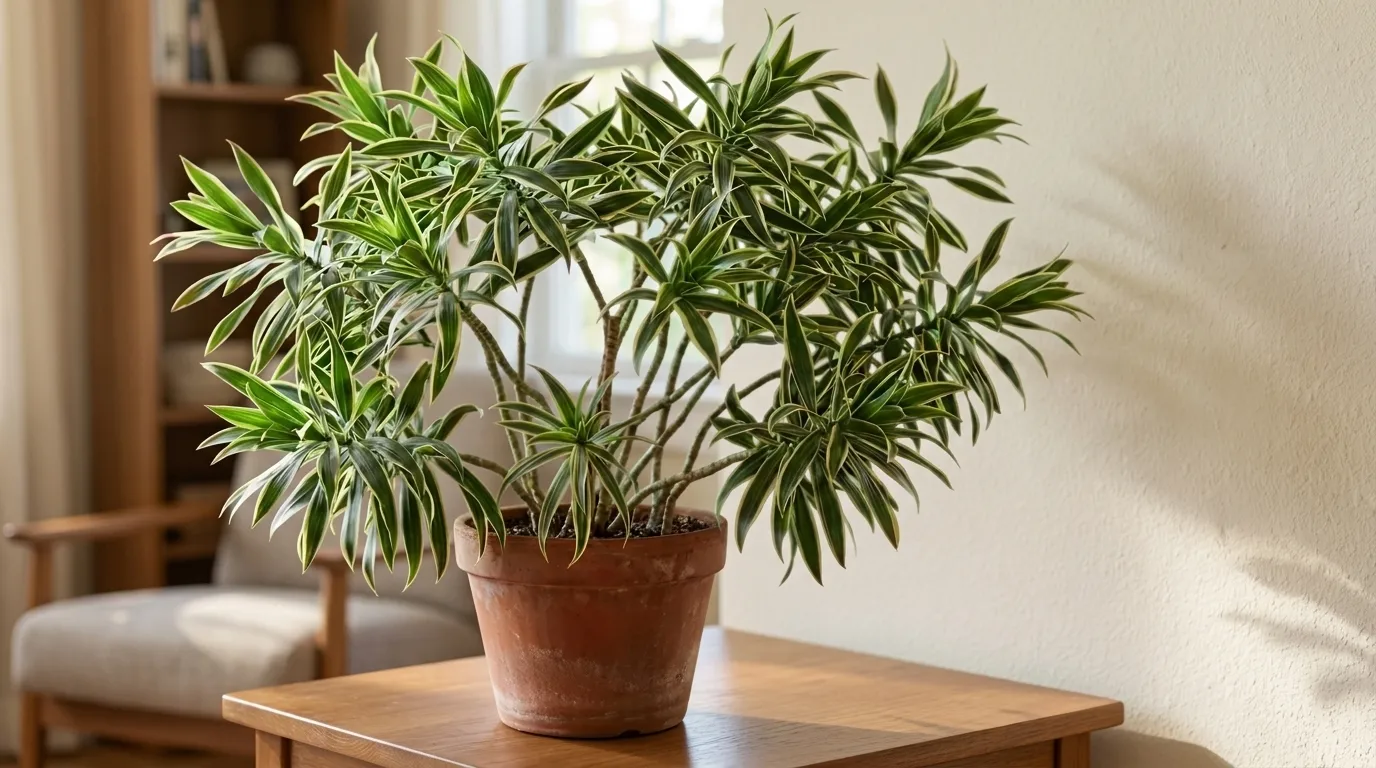 Bushy shrub-like dracaena with dense foliage and multiple stems on an indoor shelf