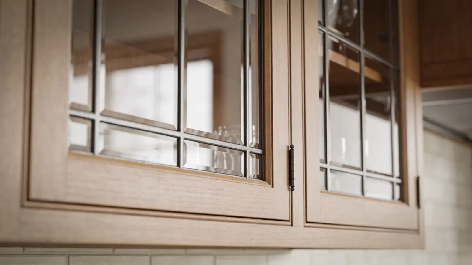 Cabinet doors with simple textured glass inserts in wood frames