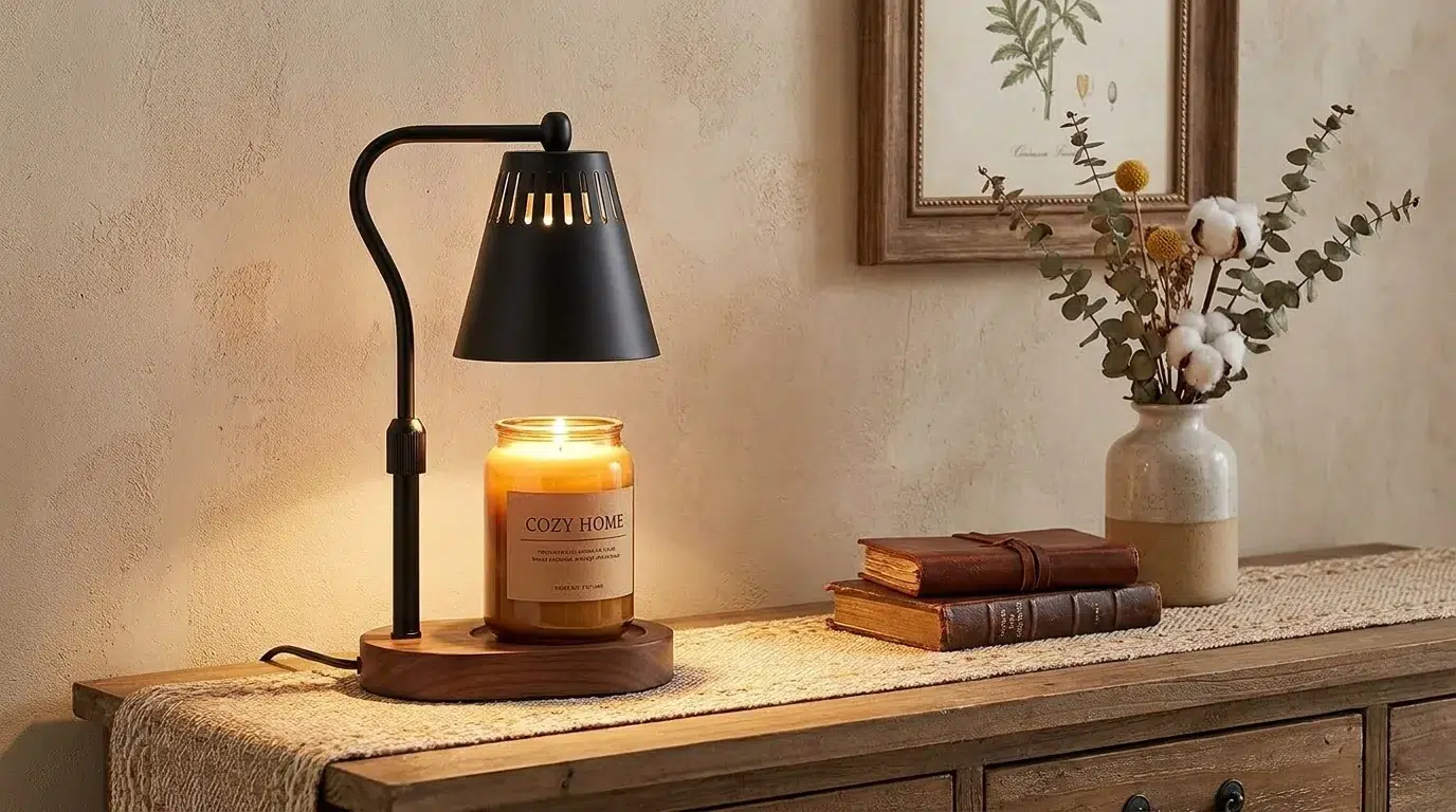 Candle warmer lamp glowing softly on a side table with warm ambient lighting