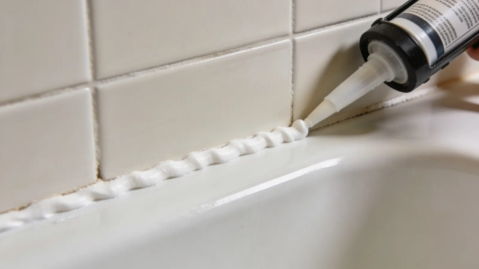 Caulk gun at slight angle applying continuous bead along bathtub and wall tile joint