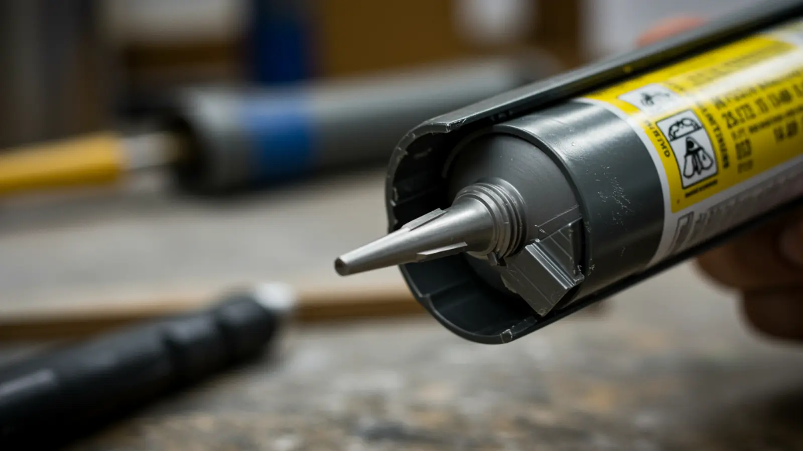 Caulk tube with 45-degree cut tip inserted into a caulk gun on a flat surface