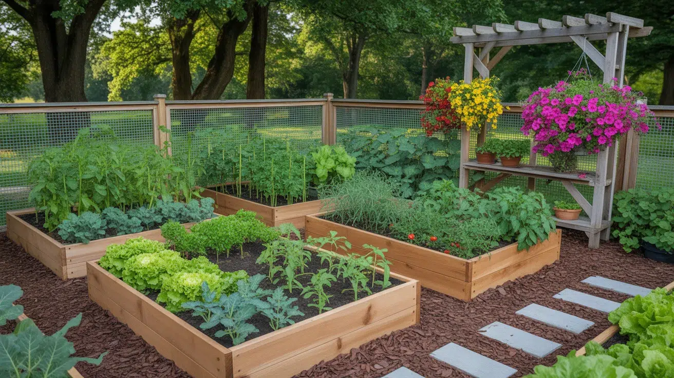 Cedar raised garden beds with vegetables in a fenced backyard