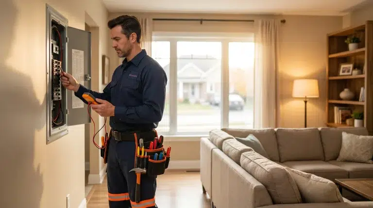 Electrician checking circuit breaker panel in cozy living room with tool belt