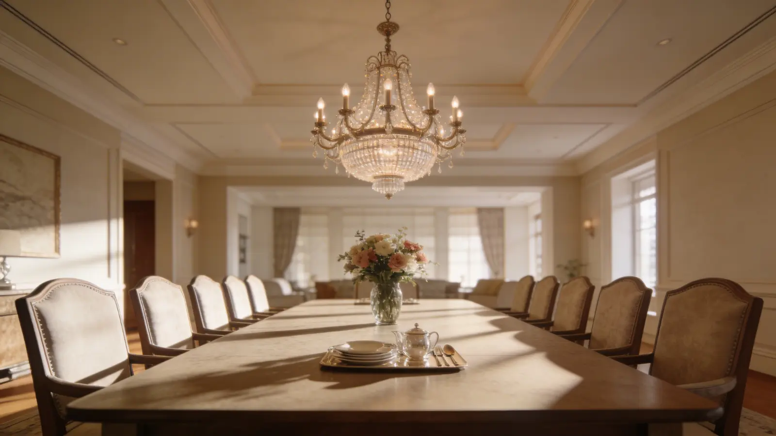Chandelier installed above a large dining table