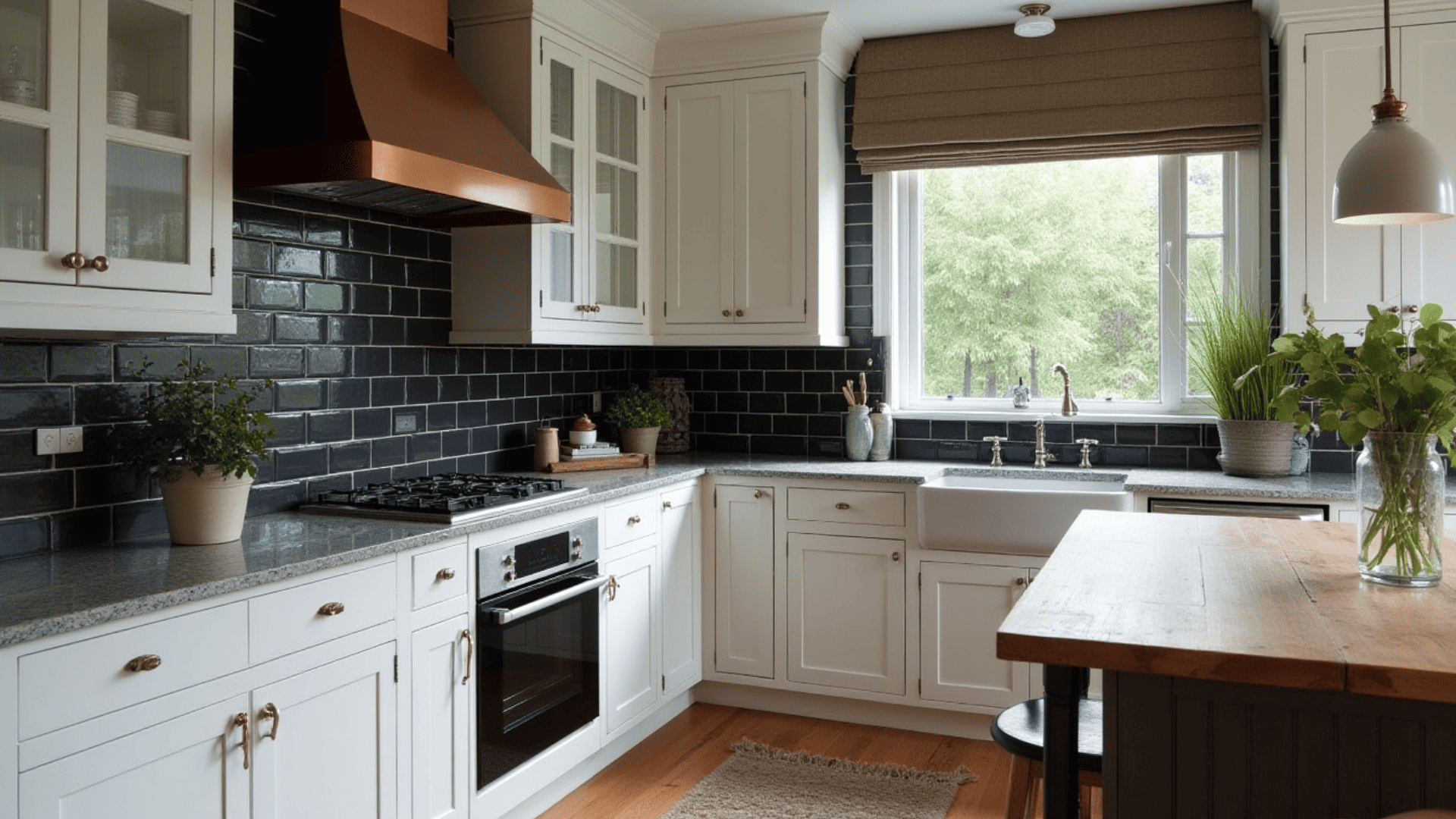 charcoal black subway tile backsplash creating bold contrast against white shaker cabinets and grey granite