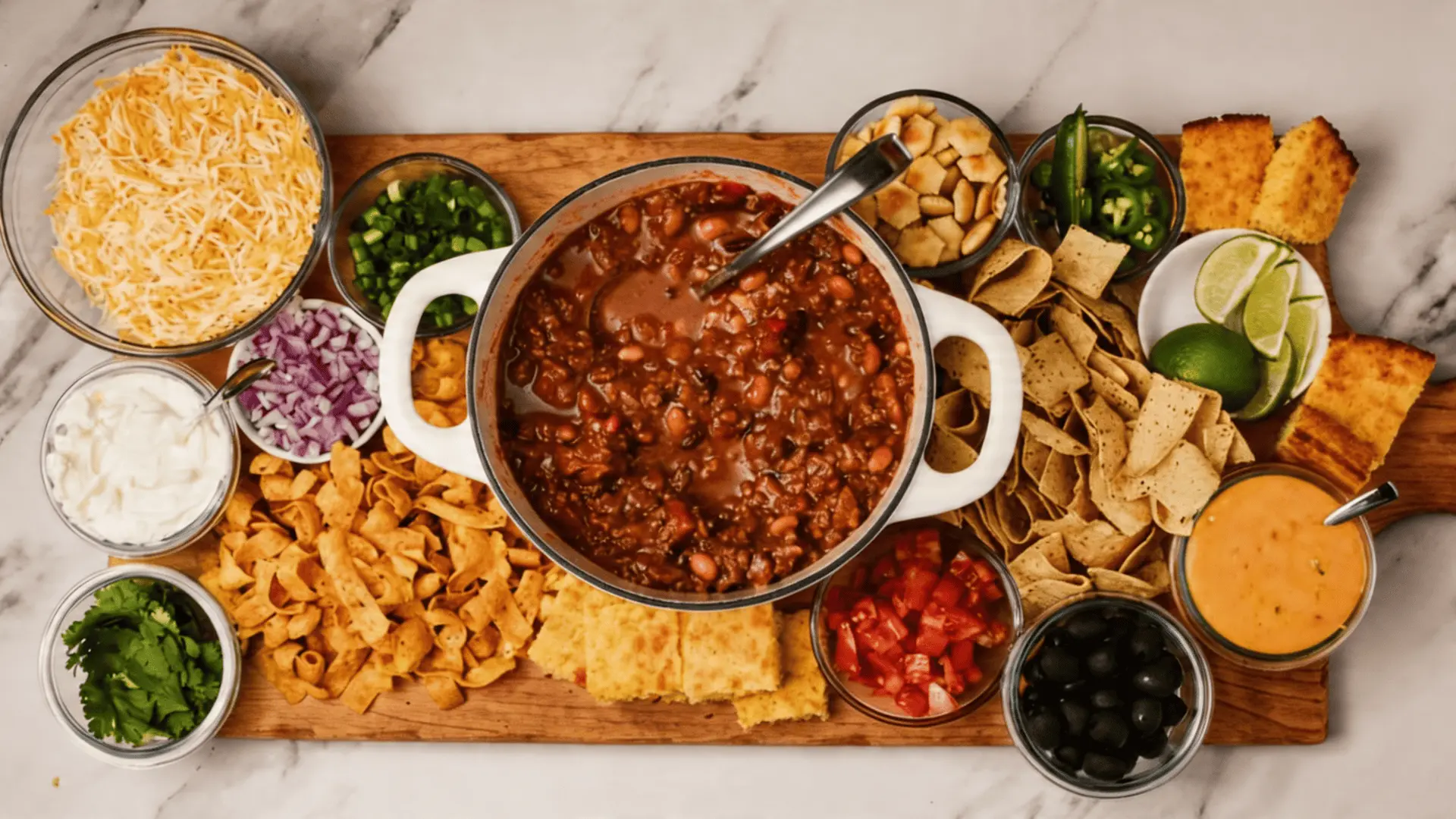 Chili meal charcuterie board with a bowl of hearty chili, cornbread, shredded cheese, sour cream, and toppings arranged on a rustic wooden board.