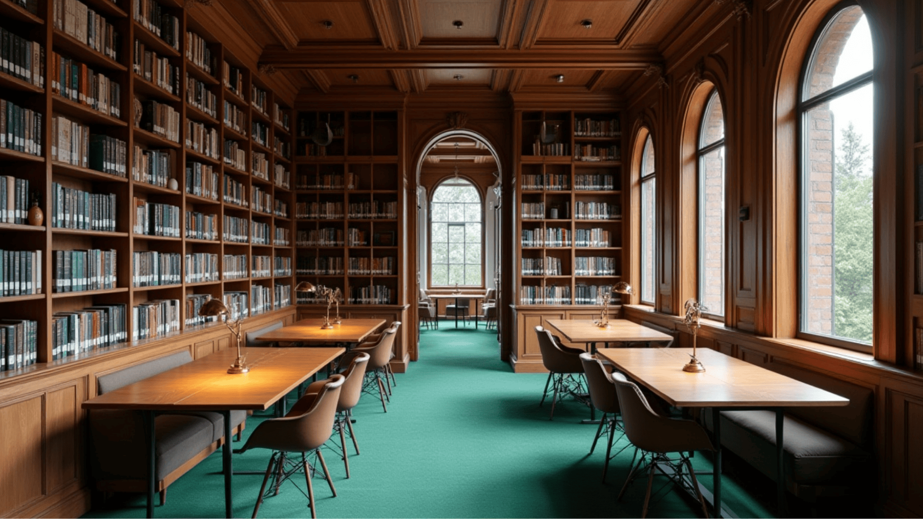 classic library-style workspace with wooden bookshelves, study tables, desk lamps, and tall arched windows