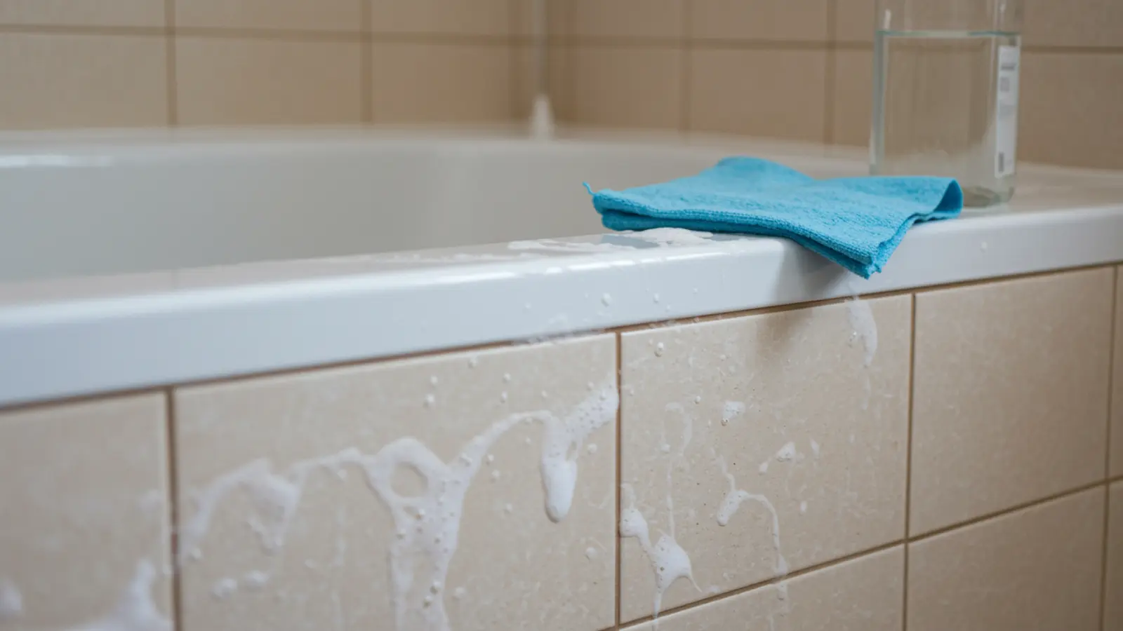 Clean dry bathtub joint with cloth and rubbing alcohol bottle placed nearby
