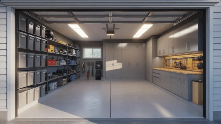 Clean garage interior with storage shelves, cabinets, lighting, and workbench