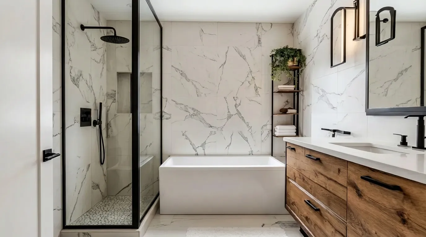 Clean master bathroom with marble walls, wood vanity, glass shower, soaking tub, and minimal decor.