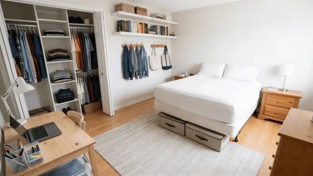 Clean organized bedroom with clear floor neat surfaces and arranged storage