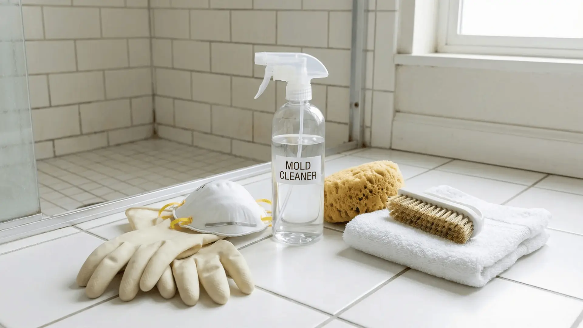 Cleaning tools including gloves, mask, spray bottle, sponge, and brush beside tiled shower surface