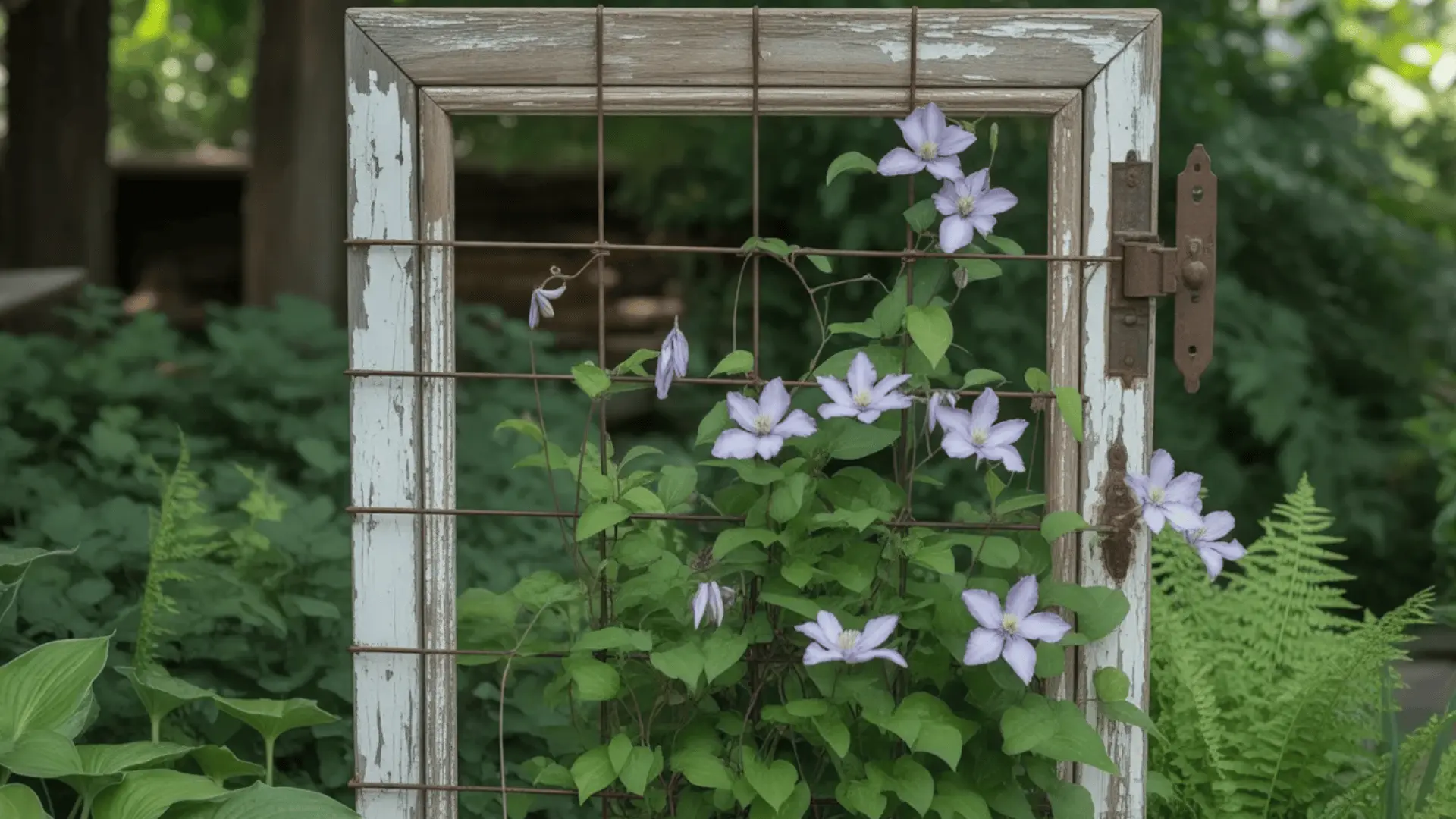 Clematis climbing a repurposed door frame trellis