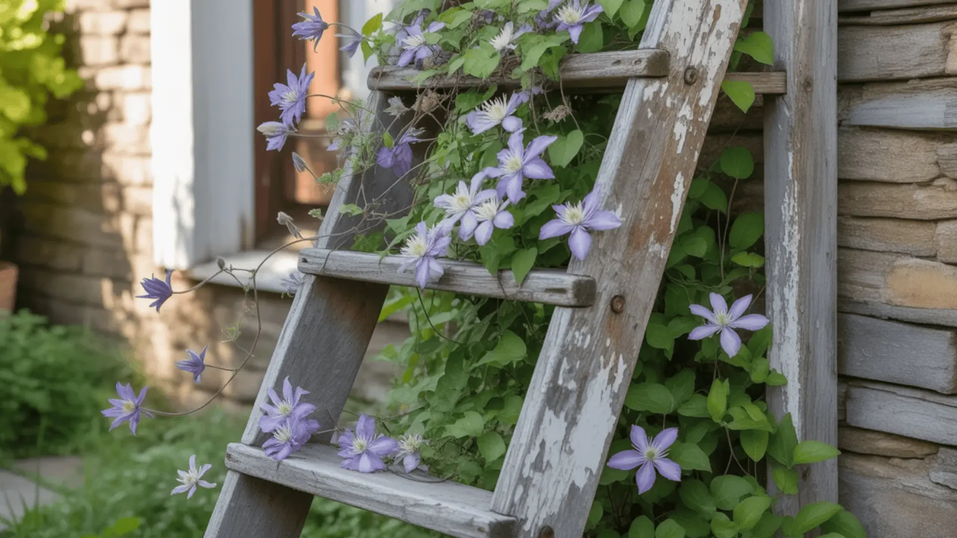 Clematis climbing a wooden ladder used as a trellis
