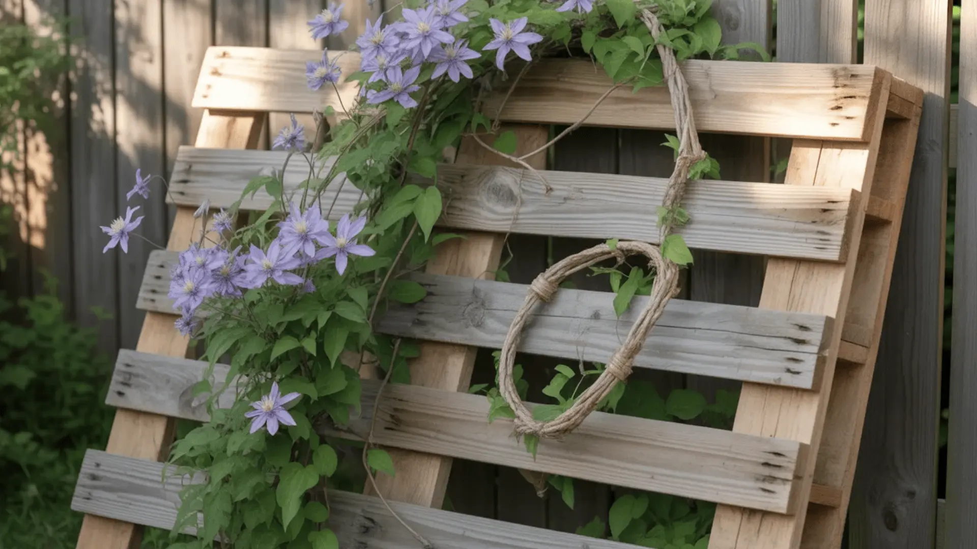 Clematis climbing a wooden pallet used as a trellis
