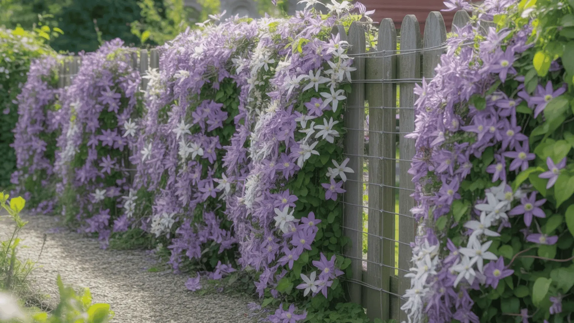 Clematis climbing naturally through a shrub or small tree