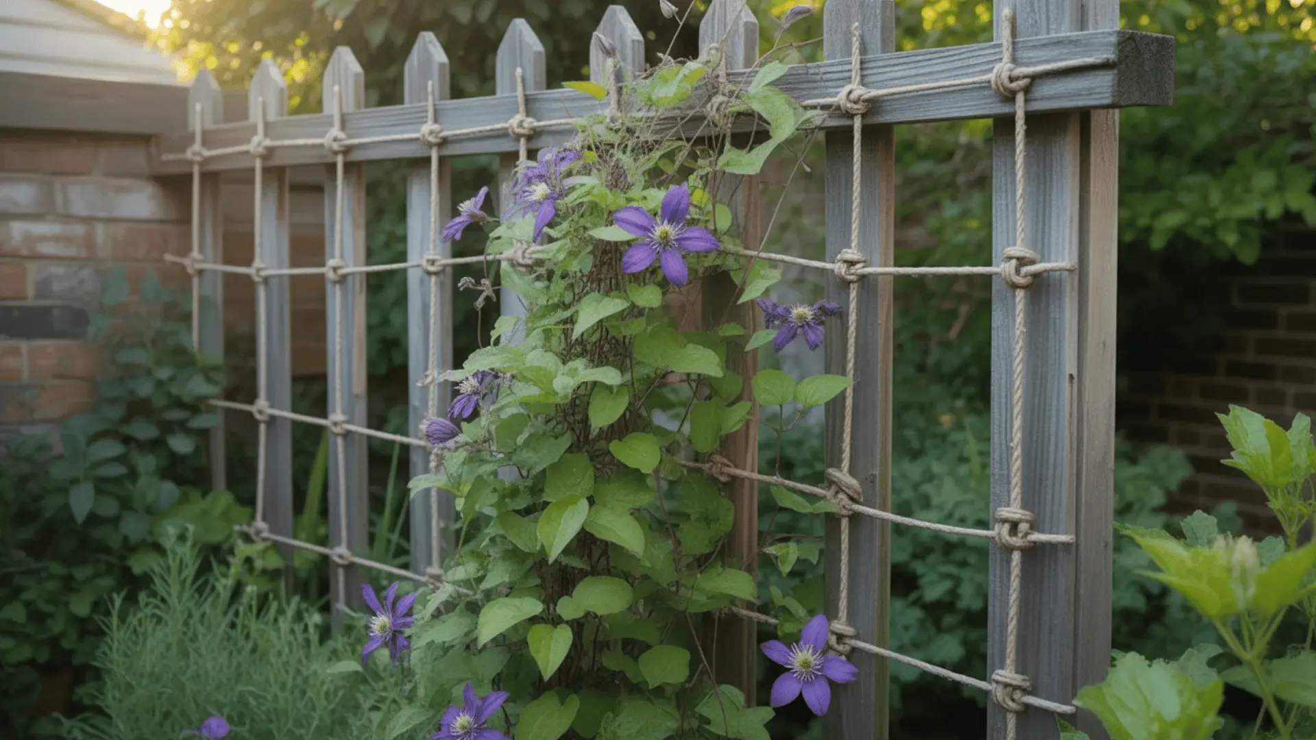 _Clematis climbing on a twine and eye hook trellis attached to a garden wall