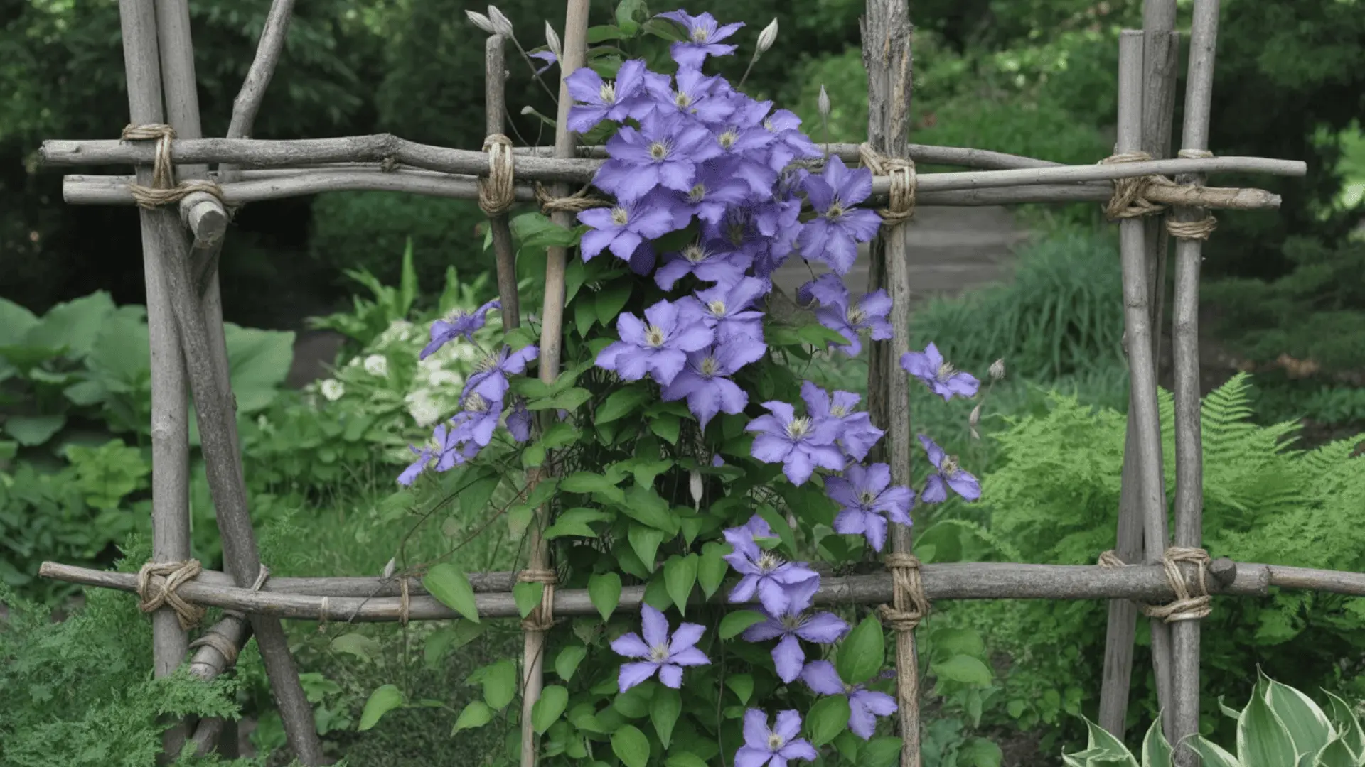 Clematis growing on a rustic trellis made of natural branches