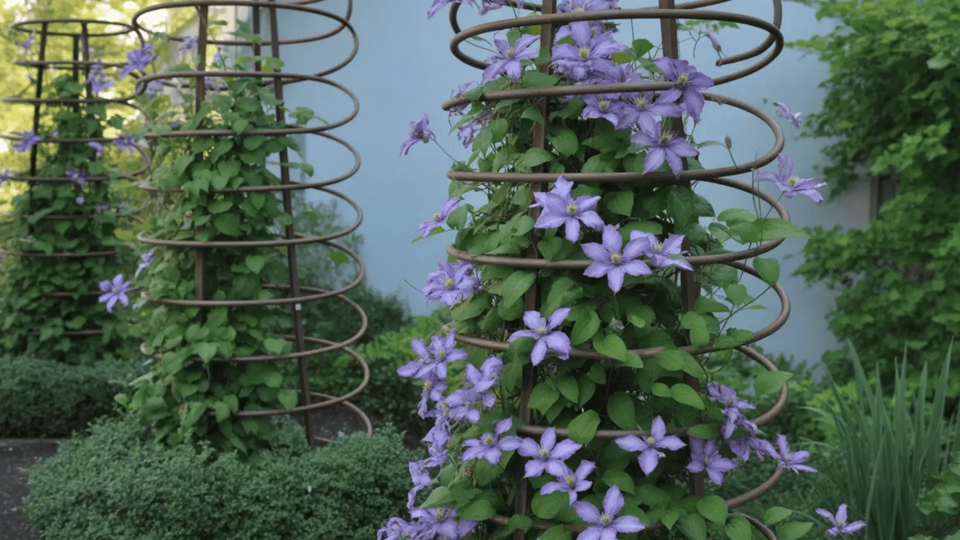 Clematis growing on a spiral trellis with a corkscrew shape