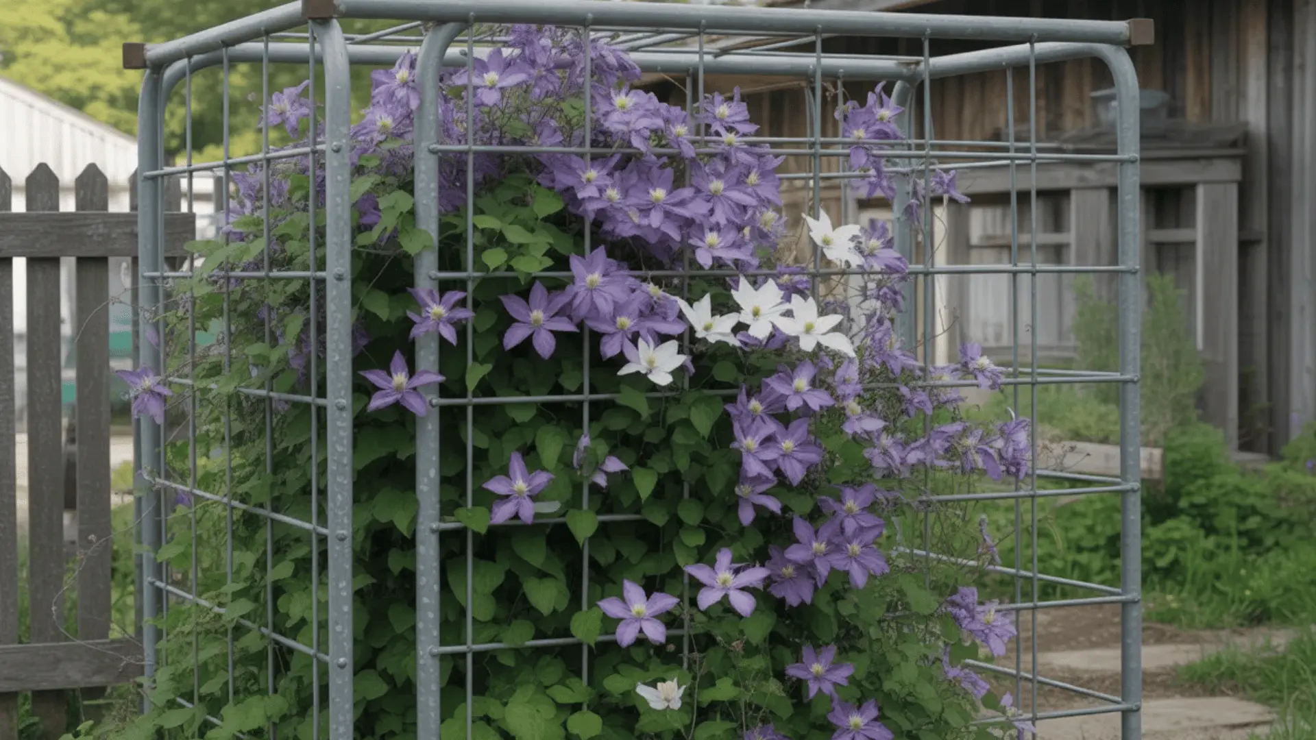 Clematis growing on a sturdy cattle panel trellis