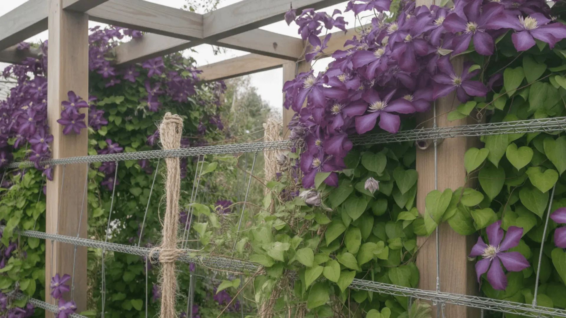 _Clematis growing on a trellis made from mixed materials like wood and wire