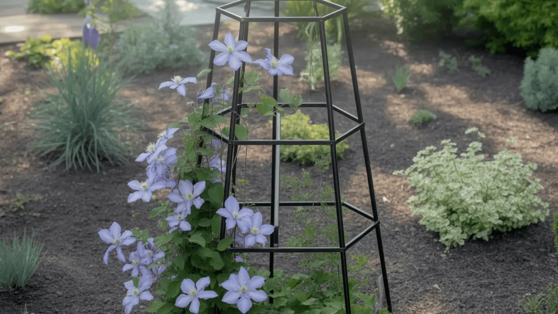 Clematis growing up a metal obelisk trellis in a garden bed