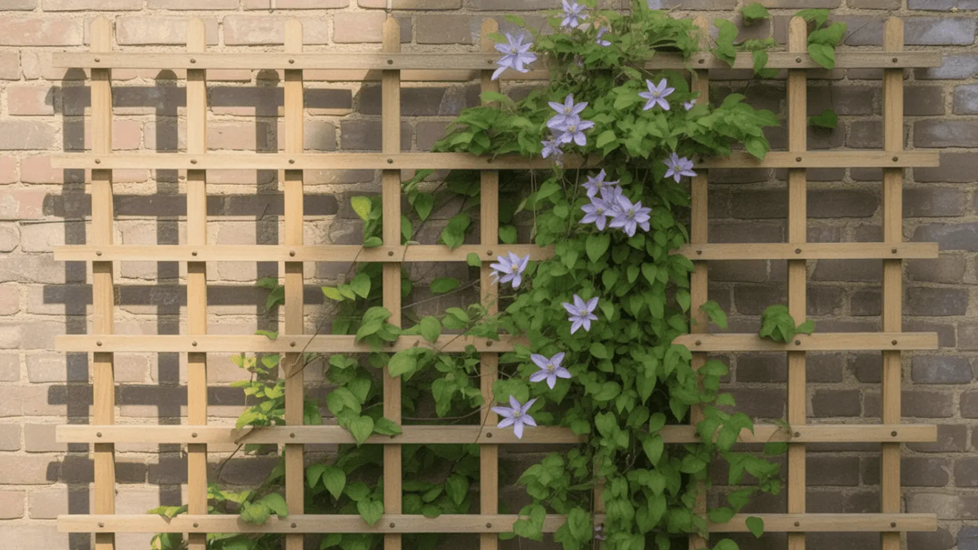 Clematis supported by a thin wooden slat grid trellis on a wall