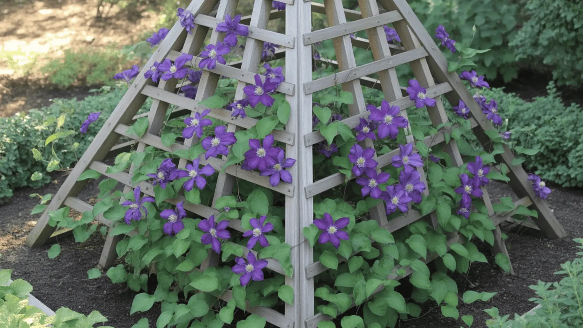 Clematis trained on a pyramid trellis with angled climbing sides
