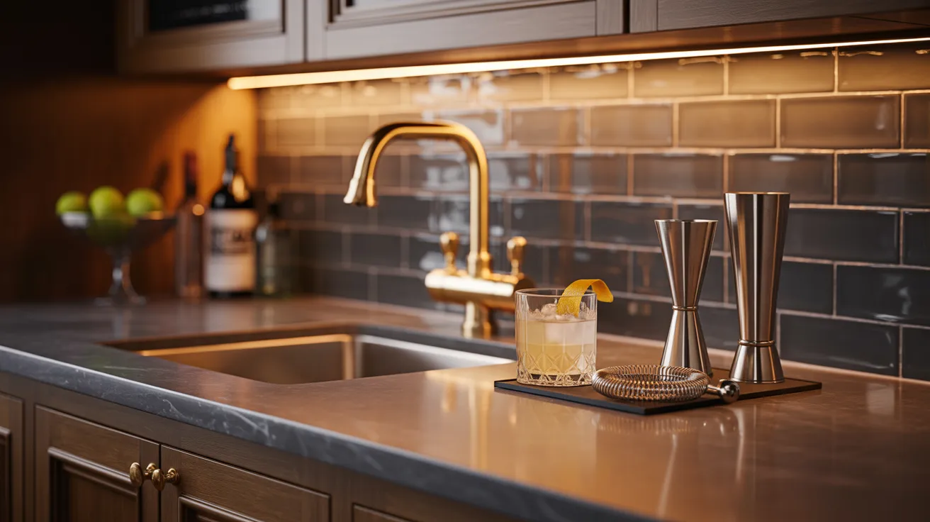 Close-up of basement wet bar counter with sink, gold faucet, and cocktail glass