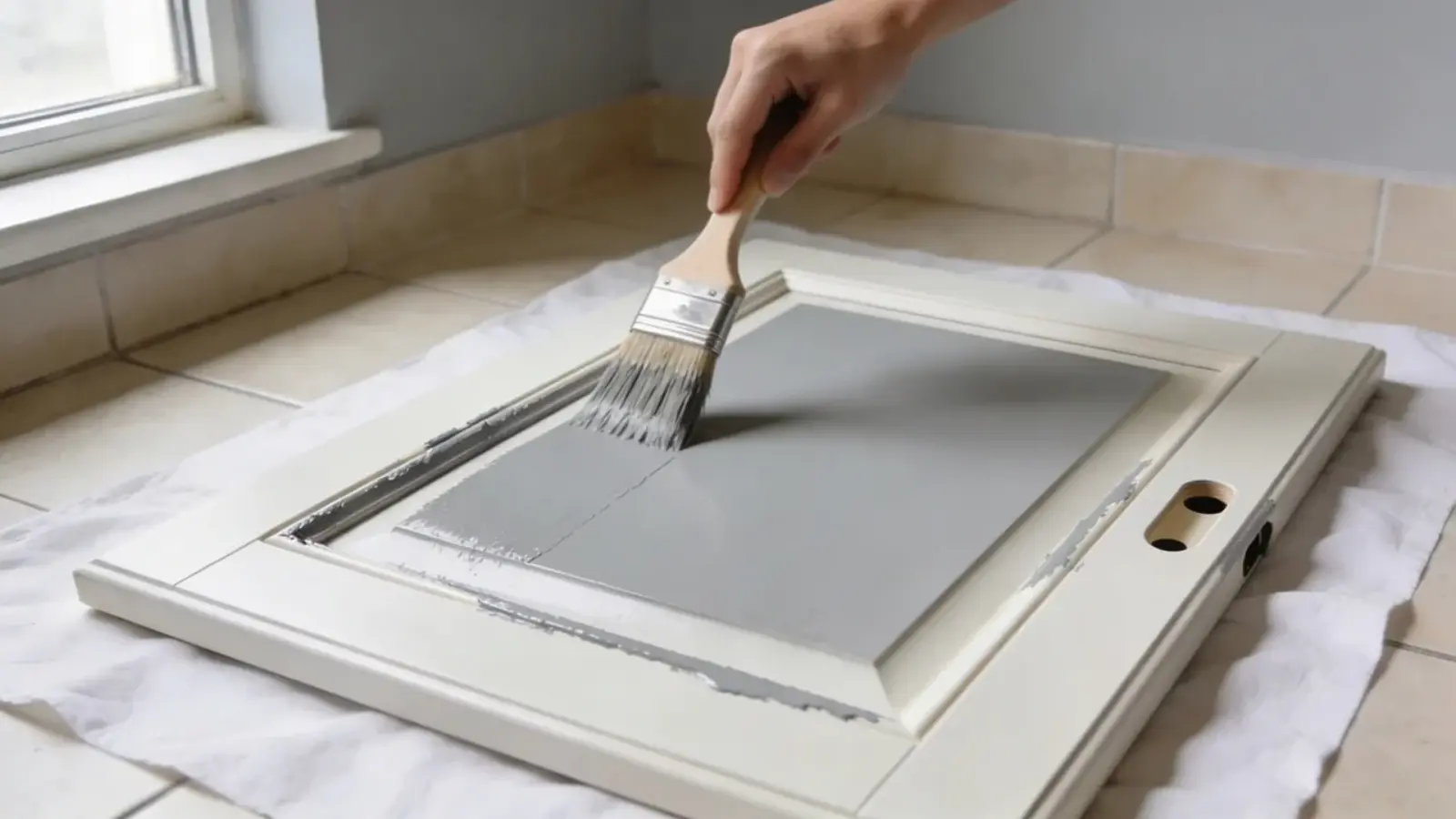 Close-up of brush applying first gray paint coat on cabinet door