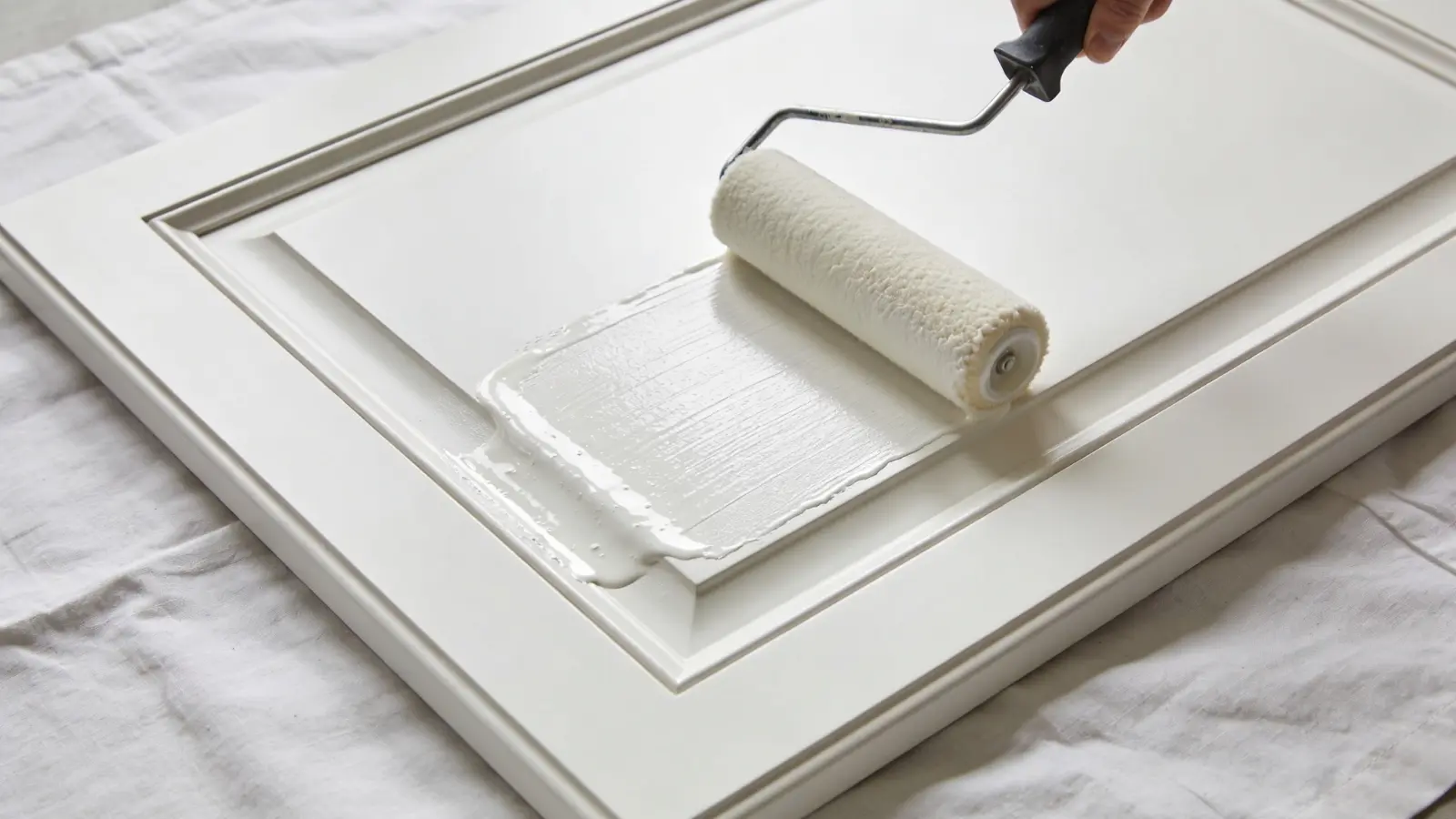 Close-up of foam roller applying smooth white primer on cabinet door