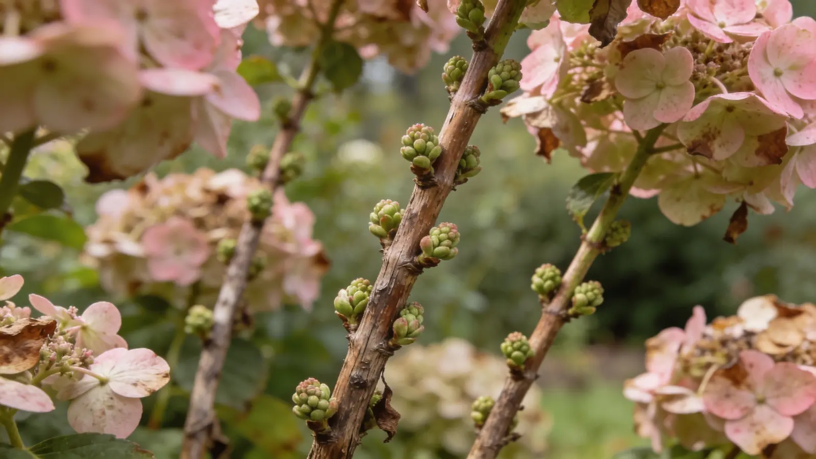 Close-up of hydrangea stems with buds forming along old woody branches
