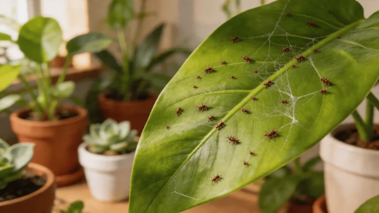 Close-up of spider mites and webbing on indoor plant leaf with visible damage