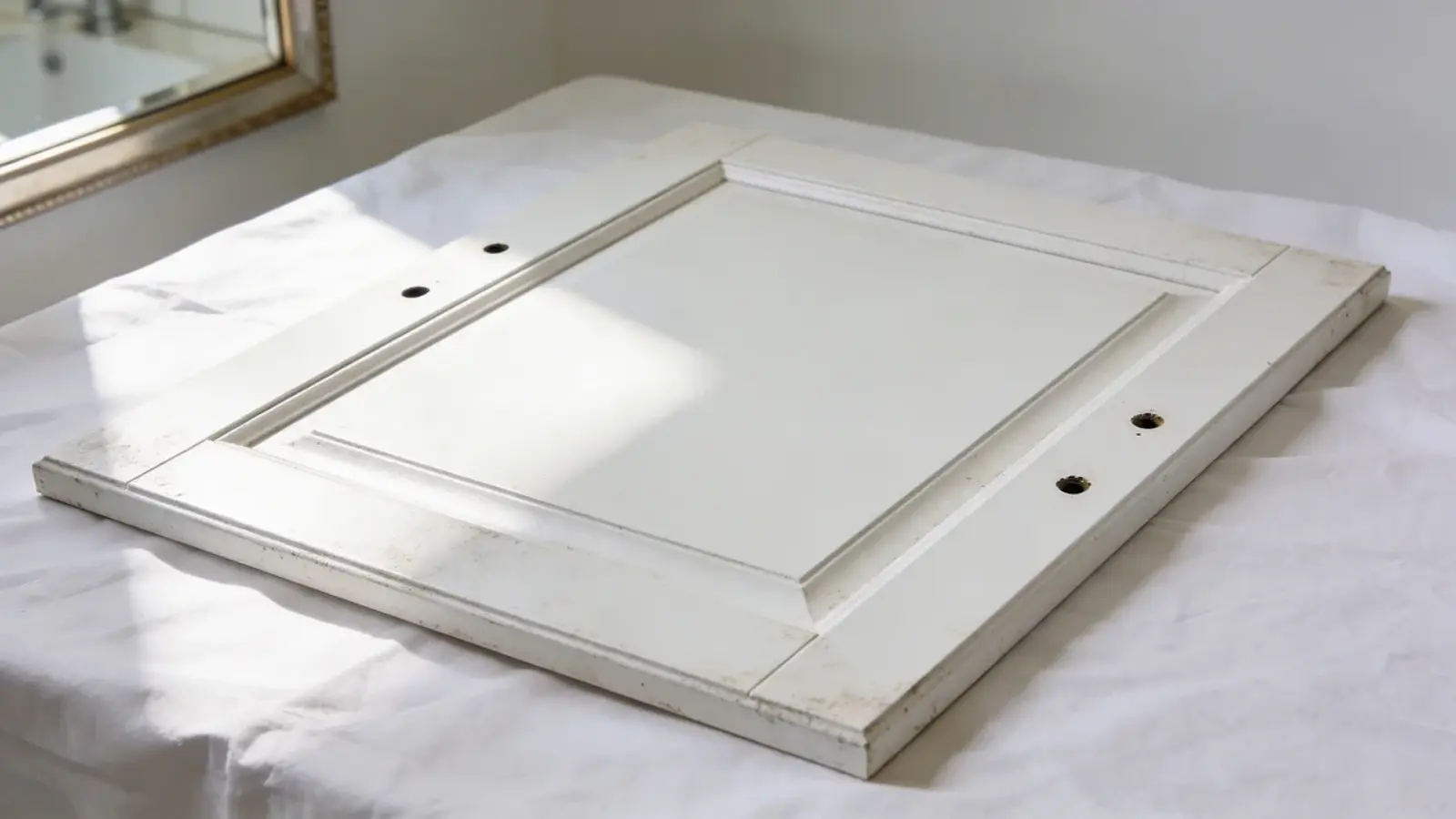 Close-up of white shaker cabinet door with handle holes