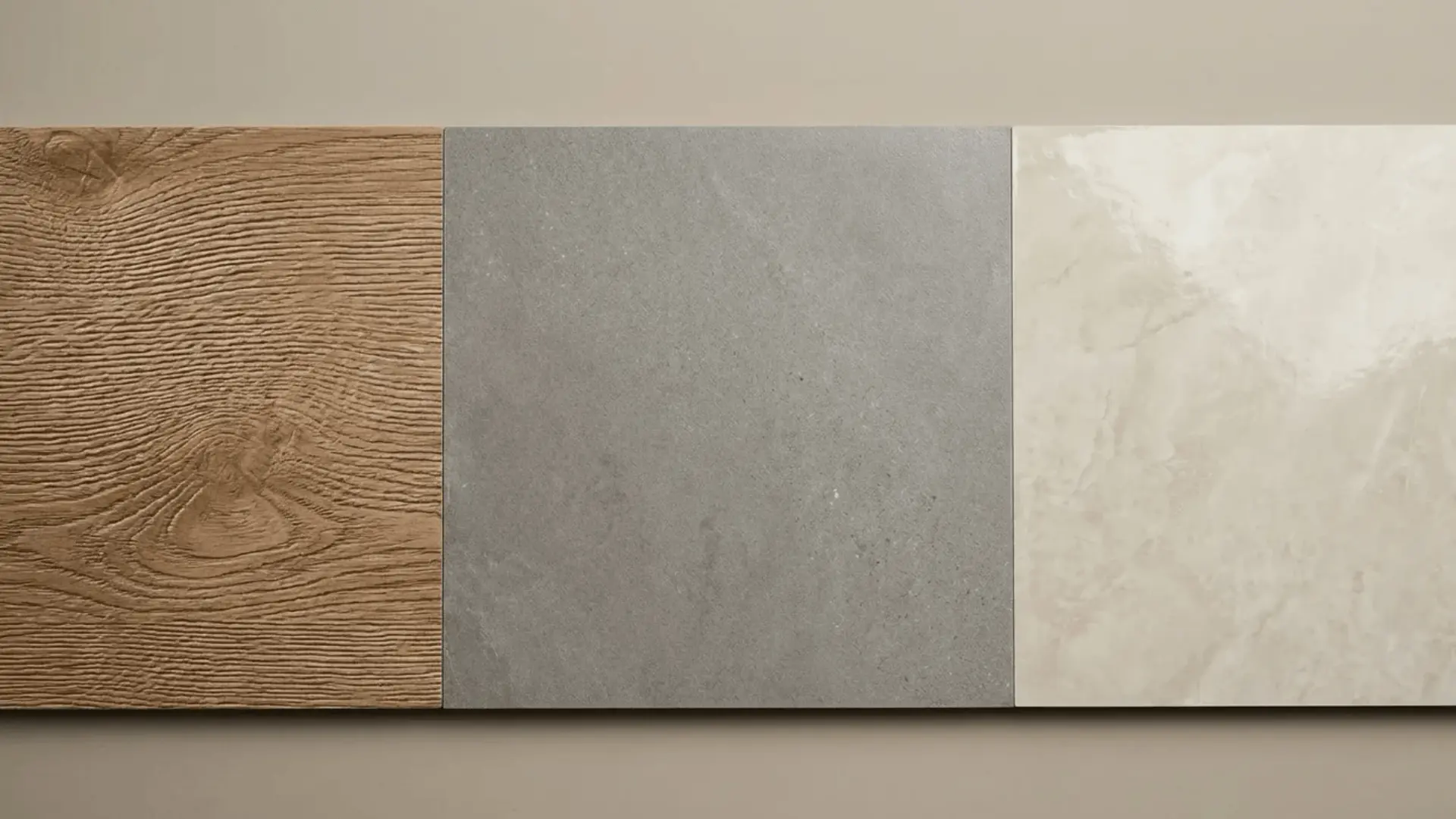 Close view of LVT tile surfaces showing embossed texture, matte finish, and light gloss finish.