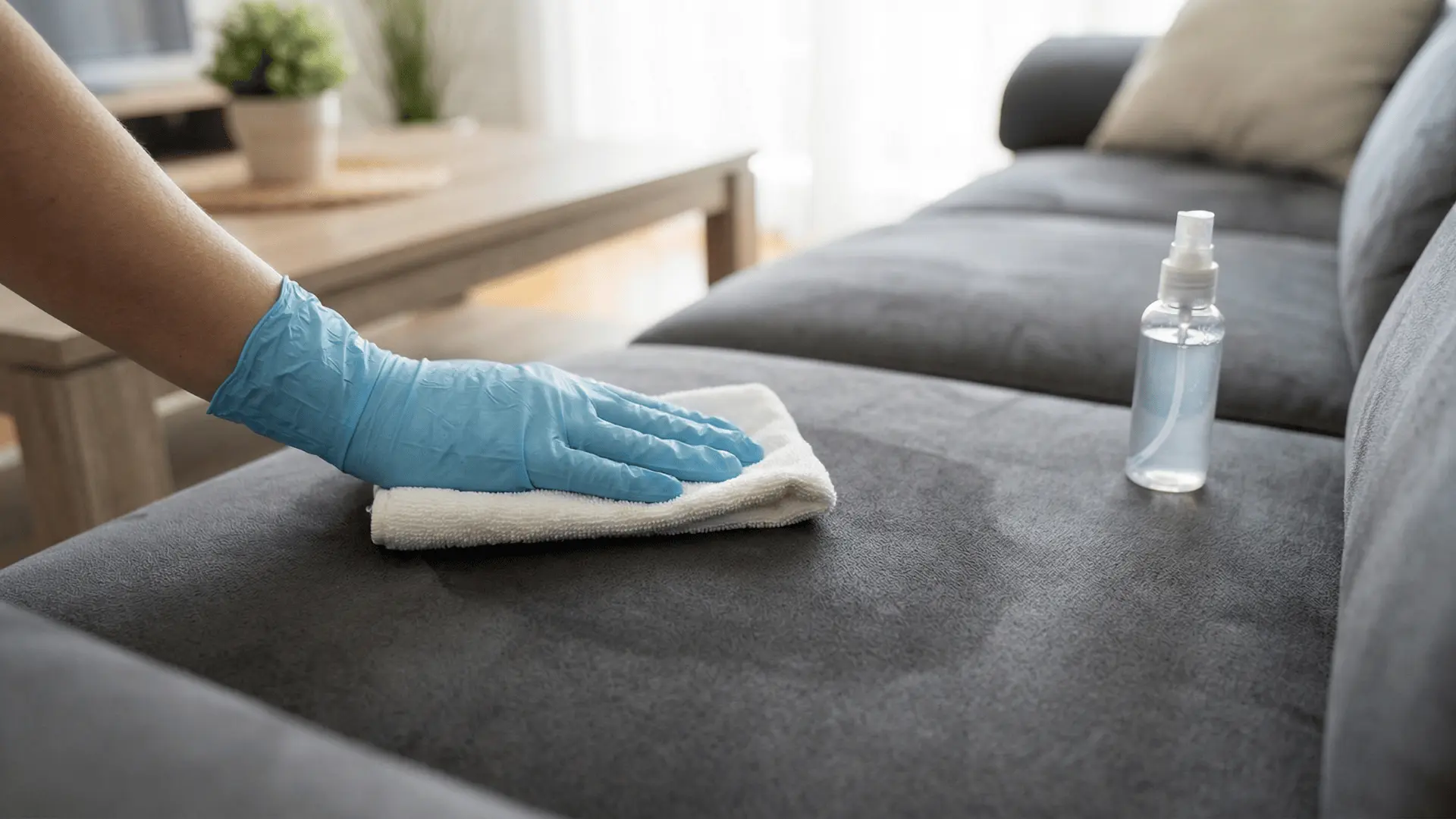 Cloth lightly wiping microfiber suede couch surface without soaking fabric