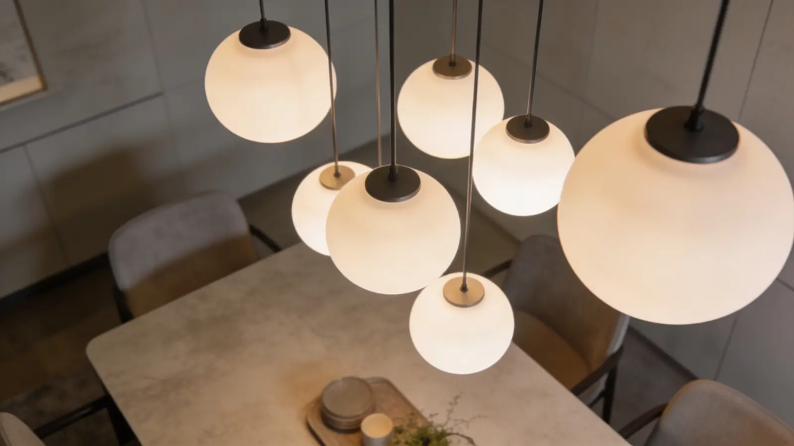 Cluster pendant lights arranged above a dining table