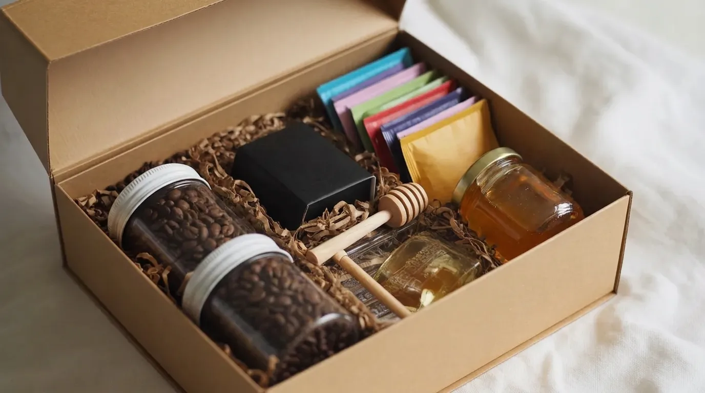Coffee and tea kit with small jars, tea bags, and honey stick in a kraft box