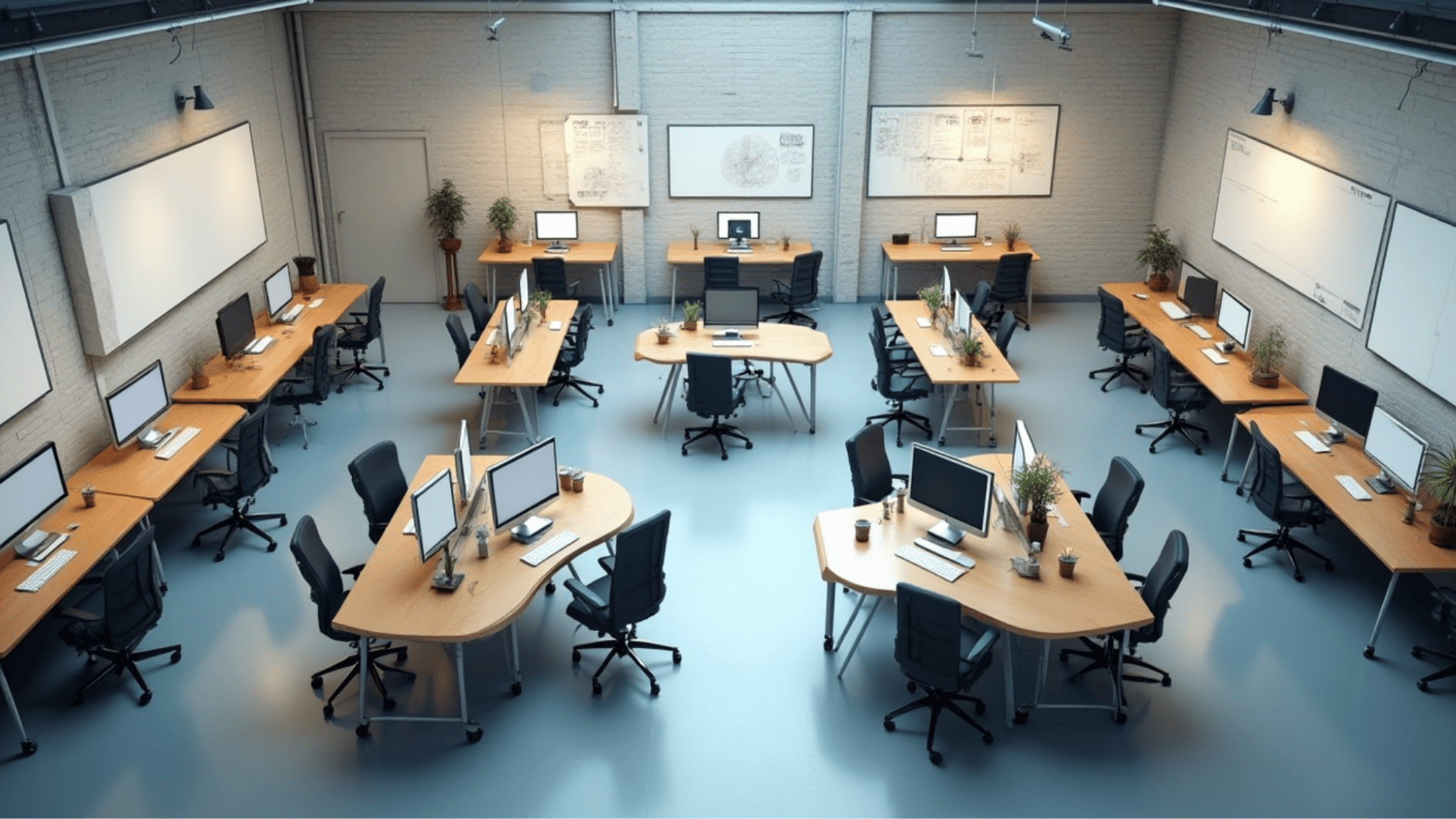 collaborative office workspace with modular desks, computers, whiteboards, and open layout for team collaboration