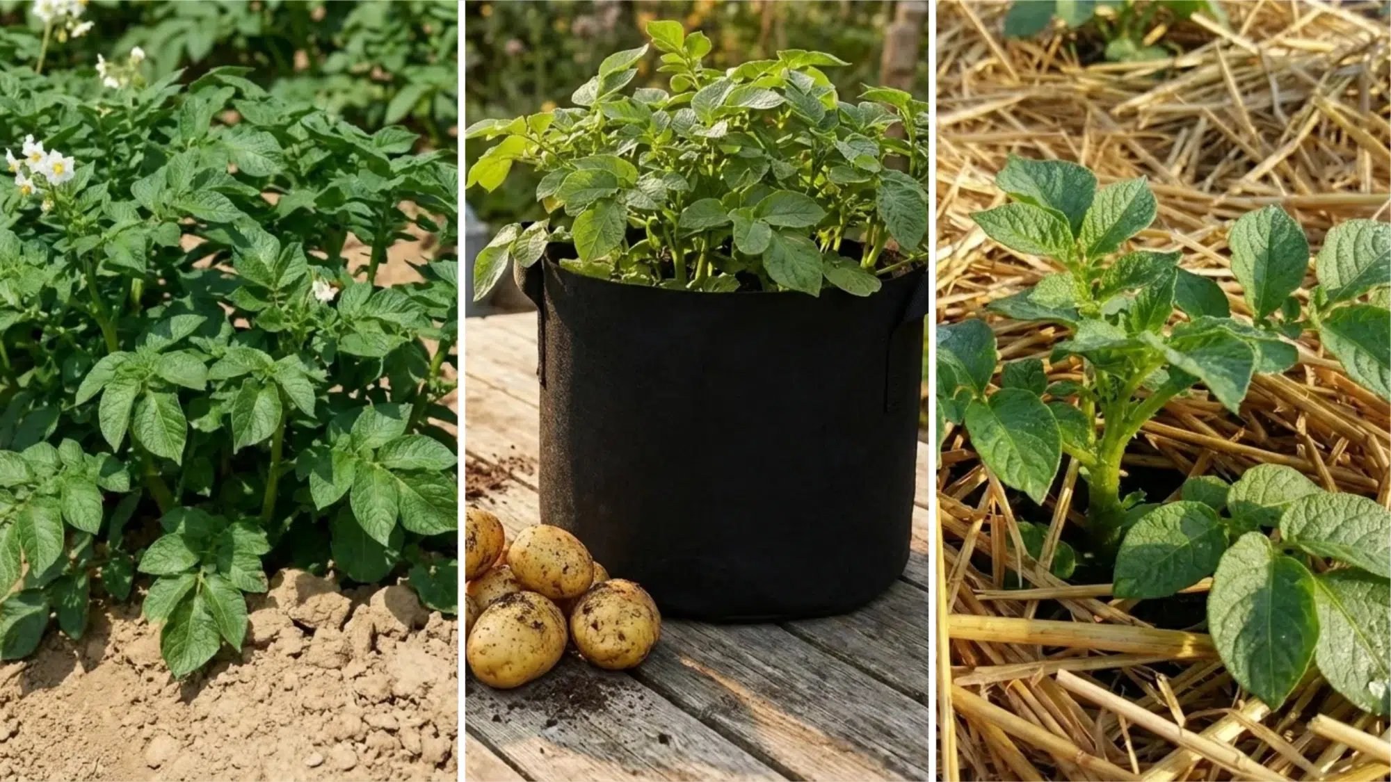 Collage showing three potato growing methods in-ground, grow bag, and straw method