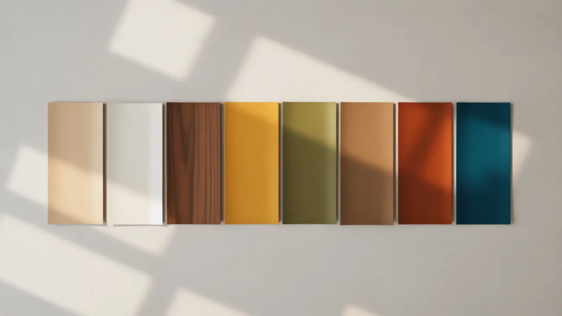 Color palette board featuring beige, white, walnut brown, mustard yellow, olive green, mud, rust, and teal swatches arranged in a row. (1)
