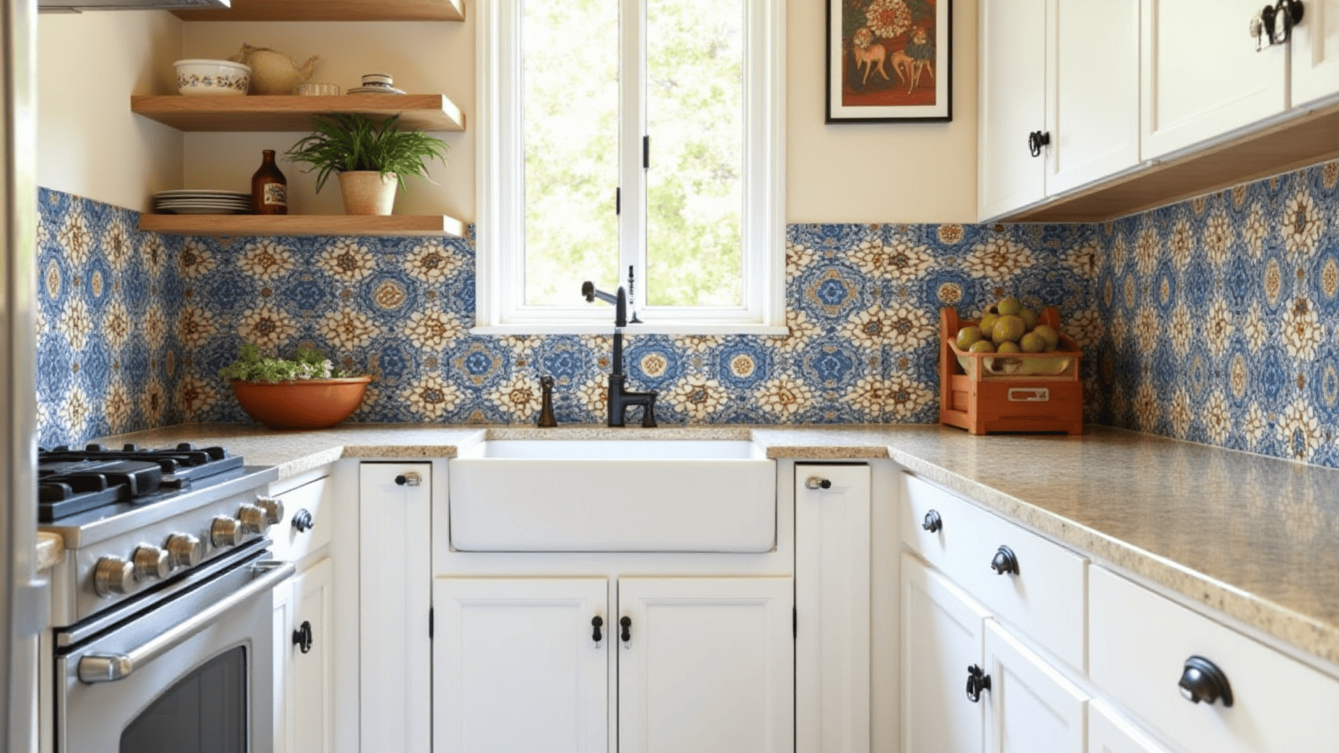 colorful handmade cement arabesque tile backsplash in blue and terracotta tones in a boho eclectic kitchen