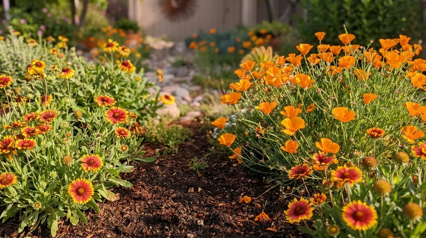 Colorful native flowers and drought-tolerant plants growing in a mulched sustainable garden bed.