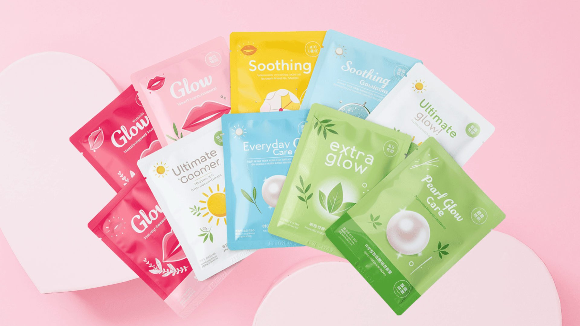 Colorful sheet masks and under-eye patches for glowing skin on a pink background