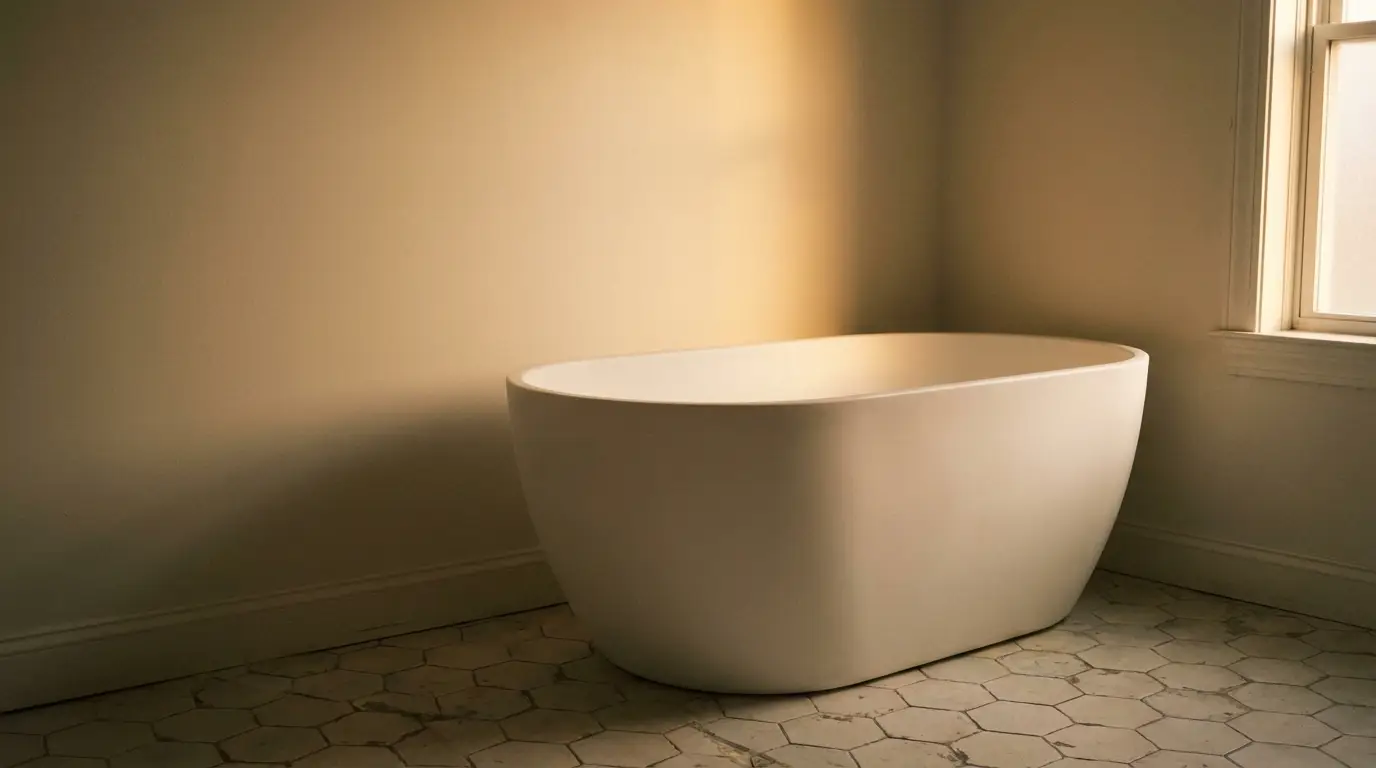 Freestanding bathtub in sunlit bathroom with hexagonal tile flooring