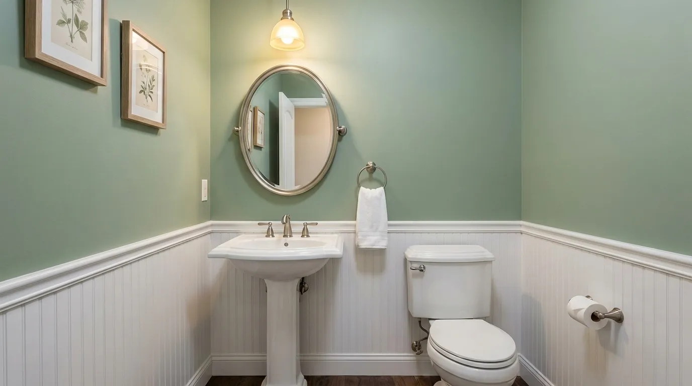 Compact powder room with pedestal sink, oval mirror, and sage green walls
