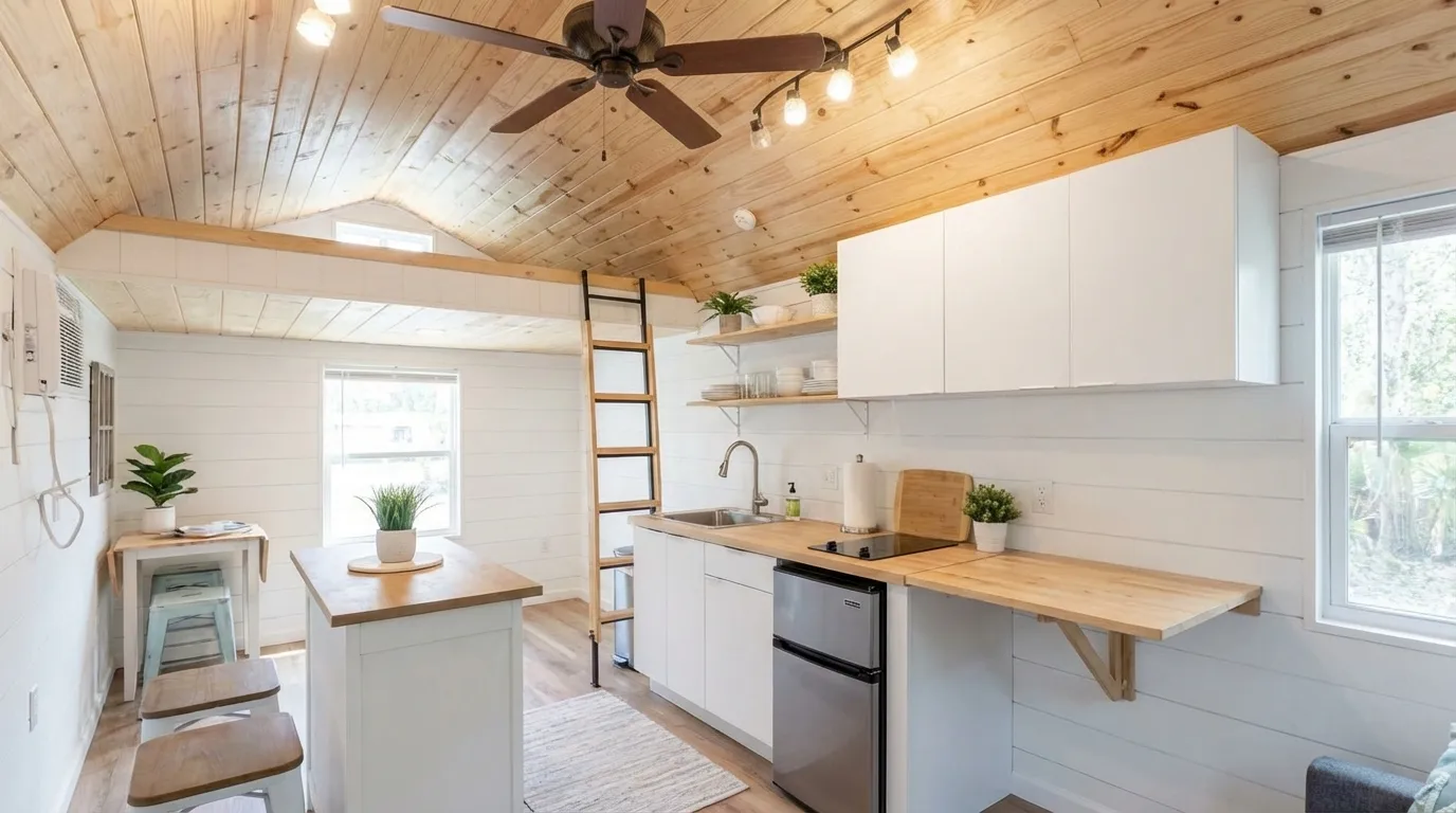 Compact tiny house kitchen with induction cooktop, mini fridge, and fold-out counter space