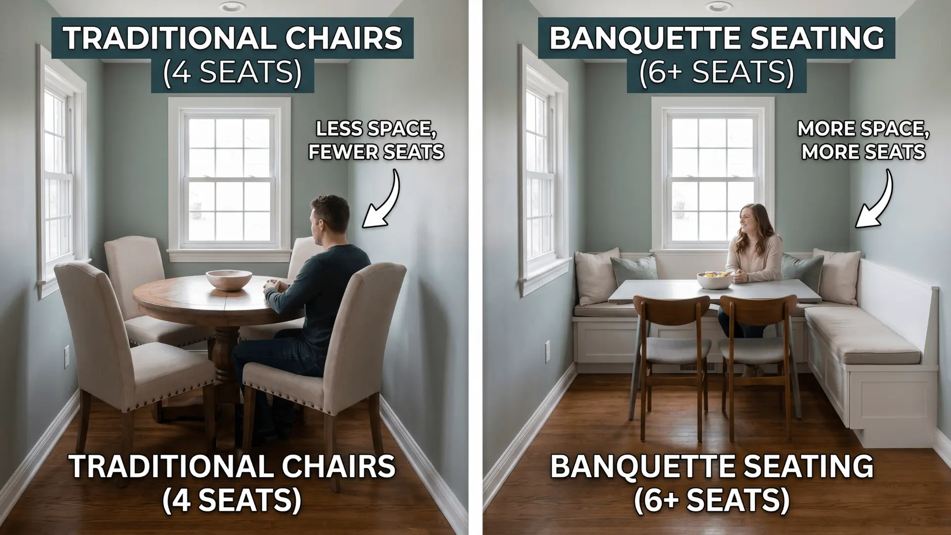 Comparison of chair seating and banquette seating in a small dining space