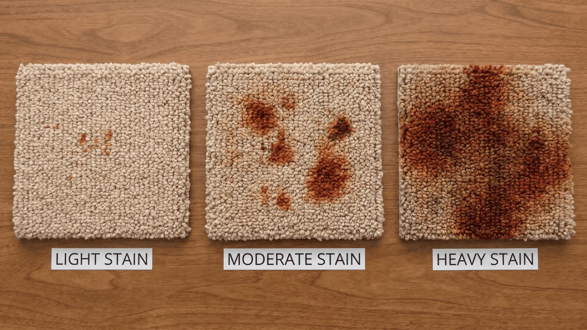Comparison of light, medium, and heavy rust stains on carpet