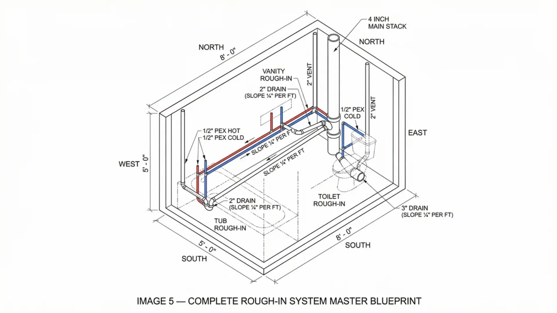 Complete bathroom plumbing rough-in blueprint showing supply, drain, and vent systems.